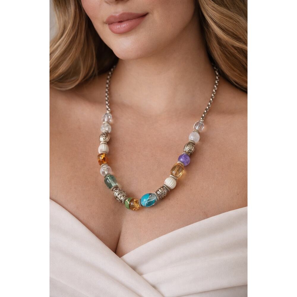 BOGO FREE VTG Multicolor Beaded Necklace Silver Tone Artisan Glass Statement